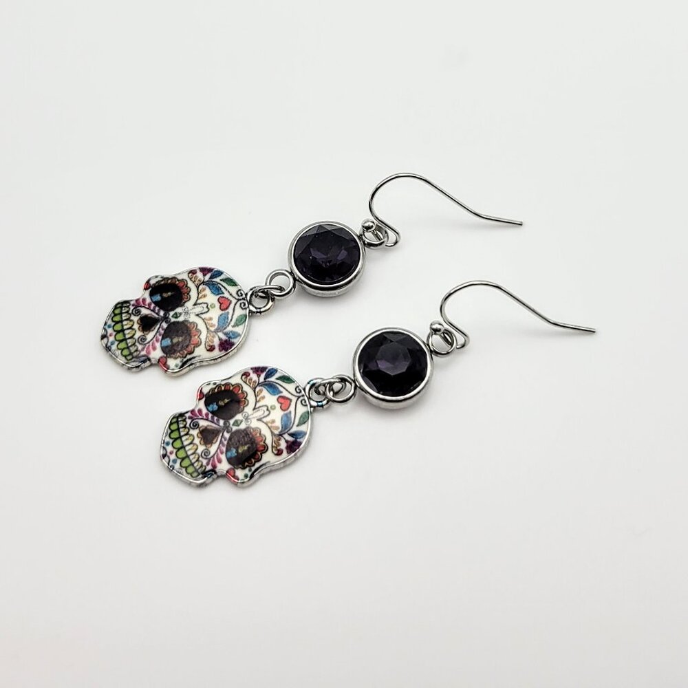 Sugar Skull Amethyst Gemstone Dangle Earring